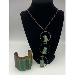 Womens Seaglass & Brass Lariat Necklace with Cuff Bracelet Set
